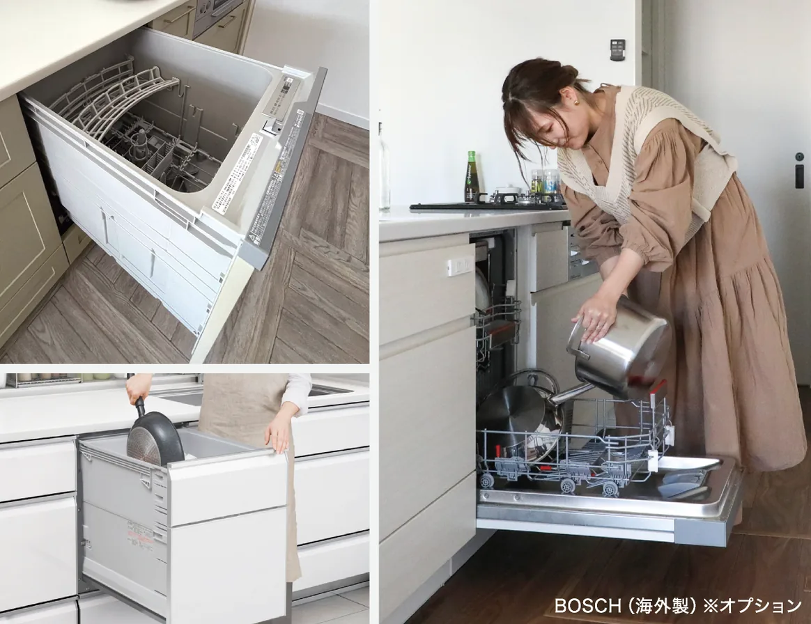 食洗機に鍋やフライパンを入れる様子