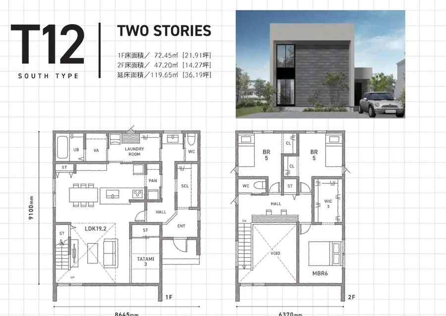 T12（SOUTH TYPE）の外観パースと間取り図